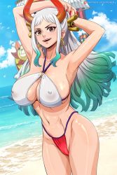 Rule 34 | 1girl, aqua hair, armpits, arms behind head, arms up, beach, bikini, breasts, cameltoe, cleft of venus, collarbone, covered erect nipples, curled horns, day, dutch angle, fingernails, green hair, grey hair, groin, hair ornament, hair stick, halterneck, high ponytail, highleg, highleg bikini, horns, huge breasts, jpeg artifacts, krabbytheartist, long hair, looking at viewer, multicolored hair, multicolored horns, nail polish, navel, ocean, one piece, oni, open mouth, orange horns, outdoors, own hands together, paid reward available, red horns, red nails, sand, see-through, shiny skin, ship, sideboob, skindentation, smile, solo, stomach, sweat, swimsuit, v-shaped eyebrows, very long hair, water, watercraft, yamato (one piece), yellow eyes