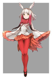 Rule 34 | 10s, 1girl, bird tail, black footwear, blunt bangs, empty eyes, full body, head wings, japanese crested ibis (kemono friends), kemono friends, long sleeves, looking at viewer, luse maonang, mary janes, multicolored hair, pantyhose, pleated skirt, red hair, red pantyhose, shirt, shoes, simple background, skirt, sleeves past wrists, solo, tail, two-tone hair, white hair, white shirt, wide sleeves, wings, yellow eyes