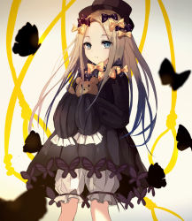 Rule 34 | 1girl, abigail williams (fate), bad id, bad pixiv id, black bow, black dress, black hat, blonde hair, bloomers, blue eyes, bow, bug, butterfly, closed mouth, commentary request, dress, fate/grand order, fate (series), forehead, green night, hair bow, hat, hugging object, insect, long hair, long sleeves, looking at viewer, noose, orange bow, parted bangs, polka dot, polka dot bow, sleeves past fingers, sleeves past wrists, solo, stuffed animal, stuffed toy, teddy bear, underwear, very long hair, white bloomers
