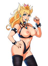 Rule 34 | 1girl, armlet, bare shoulders, black thighhighs, blonde hair, blue eyes, blue lips, bowsette, bracelet, breasts, collar, cowboy shot, earrings, eyeshadow, fingernails, horns, jewelry, large breasts, lipstick, long hair, looking at viewer, makeup, mario (series), nail polish, navel, new super mario bros. u deluxe, nintendo, nipples, pointy ears, revealing clothes, sharp fingernails, simple background, solo, spiked armlet, spiked bracelet, spiked collar, spikes, super crown, superboin, thighhighs, thong, white background