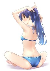 Rule 34 | 1girl, absurdres, adjusting hair, arms up, ass, b1ack illust, back, barefoot, bikini, blue bikini, blue hair, blush, breasts, brown eyes, butt crack, commentary, female focus, from behind, full body, highres, idolmaster, idolmaster (classic), kisaragi chihaya, legs, long hair, looking back, on floor, parted lips, ponytail, sitting, small breasts, solo, swimsuit, thighs, tying hair, white background