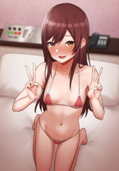 Rule 34 | 1girl, barefoot, bed sheet, bikini, blurry, blurry background, blush, breasts, breasts apart, brown hair, collarbone, double v, emor18 shikeko, female pubic hair, full-face blush, groin, highres, idolmaster, idolmaster shiny colors, kneeling, long hair, looking at viewer, love hotel, micro bikini, navel, on bed, osaki amana, pillow, pubic hair, pubic hair peek, red bikini, small breasts, smile, solo, straight hair, swimsuit, v, very long hair