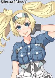 Rule 34 | 1girl, belt, blonde hair, blue eyes, blue shirt, blush, breast pocket, breasts, dutch angle, gambier bay (kancolle), gloves, grey background, hairband, highres, kantai collection, kurano kisuke, large breasts, looking at viewer, open mouth, pocket, shirt, shorts, smile, solo, twintails, twitter username, upper body