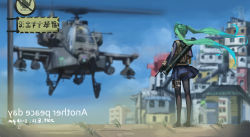 Rule 34 | 1girl, absurdres, ah-64 apache, aircraft, aqua hair, attack helicopter, black pantyhose, blue sky, blurry, building, chain gun, city, day, depth of field, from behind, full body, gun, gunship, hatsune miku, headset, helicopter, helicopter gunship, highres, holster, house, long hair, military, mirrored text, missile, missile launcher, missile rack, motion blur, outdoors, pantyhose, pole, propeller, road sign, rocket launcher, rocket pod, sign, sk tori, skirt, sky, solo, standing, thigh holster, twintails, very long hair, vocaloid, weapon, wind