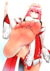 Rule 34 | 1girl, barefoot, blouse, blurry, blurry background, breasts, detached sleeves, dress, feet, foot focus, foreshortening, genshin impact, hair between eyes, hair ornament, hand up, japanese clothes, kimono, kukoi, large breasts, leg up, legs, looking at viewer, miko, obi, pink hair, purple eyes, sash, shirt, simple background, soles, solo, standing, tassel, toes, white background, white dress, white kimono, white shirt, wide sleeves, yae miko