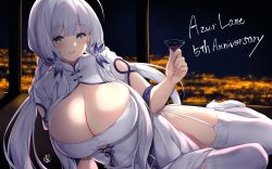 Rule 34 | 1girl, arashiki mamizu, azur lane, blush, breasts, china dress, chinese clothes, cleavage, commentary request, dress, hair ornament, highres, huge breasts, illustrious (azur lane), illustrious (maiden lily&#039;s radiance) (azur lane), long hair, looking at viewer, lying, on side, parted lips, short sleeves, smile, solo, thighhighs, thighs, white dress, white hair, white thighhighs
