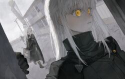 Rule 34 | 3girls, black cape, black coat, black footwear, black gloves, blush, boots, building, cape, carabiner, chest harness, close-up, closed eyes, closed mouth, coat, collared coat, crossed bangs, dutch angle, elbow gloves, frost fog, gloves, grey hair, grey sky, hair ornament, hairclip, half updo, harness, high collar, highres, holding, holding suitcase, long bangs, looking ahead, multiple girls, open door, open mouth, orange eyes, original, outdoors, overcast, power lines, road, sidelocks, sign, sky, solo focus, square mouth, suitcase, sweatdrop, utility pole, x hair ornament