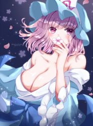 Rule 34 | 1girl, bare shoulders, blue hat, blue kimono, blush, breasts, cleavage, collarbone, covering own mouth, dark background, eyes visible through hair, flower, gradient background, hat, holding, holding flower, japanese clothes, killyutaka, kimono, large breasts, light particles, looking at viewer, medium hair, mob cap, nail polish, off shoulder, petals, pink eyes, pink flower, pink hair, pink nails, saigyouji yuyuko, simple background, sleeves past elbows, smelling flower, solo, touhou, triangular headpiece, upper body, wide sleeves