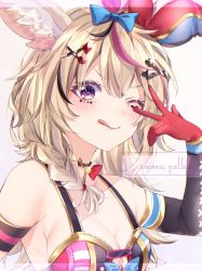 Rule 34 | 1girl, animal ears, arm strap, bare shoulders, blonde hair, blush, bow, braid, breasts, collarbone, elbow gloves, fox ears, fox girl, gloves, hair between eyes, hair ornament, hand up, harui (hr x9 ), hat, heart, highres, hololive, jester cap, long hair, multicolored hair, omaru polka, omaru polka (1st costume), one eye closed, pink hair, playing card theme, purple eyes, single elbow glove, small breasts, smile, solo, tongue, tongue out, virtual youtuber