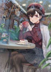 Rule 34 | 1girl, beret, black hair, black pantyhose, blush, cafe, cake, coat, coffee cup, cup, desk, disposable cup, earrings, food, hat, highres, jewelry, leaf, on desk, open mouth, original, pantyhose, pleated skirt, red eyes, red hat, red sweater, short hair, silvertsuki, sitting, skirt, solo, sweater, through window, white coat