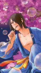 Rule 34 | 1boy, brown eyes, brown hair, bubble, cherry blossoms, hair over one eye, keenu, male focus, naruto (series), naruto shippuuden, open mouth, topless male, sitting, solo, utakata (naruto)
