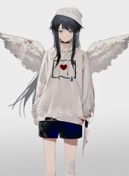 1girl absurdres angel_wings arms_at_sides azure_silan bandaged_knees bandaged_wings bandages black_choker black_hair black_shorts blood blood_on_clothes blood_on_sleeves bloody_knife bloody_wings choker closed_mouth collarbone cowboy_shot drawstring expressionless gauze gauze_on_cheek grey_background grey_eyes grey_hat grey_hoodie grey_wings hat heart highres holding holding_knife holding_weapon hood hood_down hoodie kitchen_knife knife long_hair long_sleeves original shorts sidelocks solo standing staring weapon wings