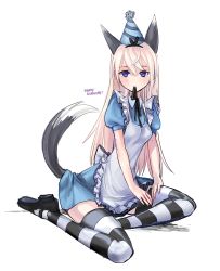 Rule 34 | 1girl, alternate costume, animal ears, apron, black ribbon, blonde hair, blue dress, ch2o, drawfag, dress, eila ilmatar juutilainen, fox ears, fox tail, frilled apron, frills, happy birthday, hat, highres, long hair, mouth hold, non-web source, party hat, puffy short sleeves, puffy sleeves, purple eyes, ribbon, ribbon in mouth, short sleeves, simple background, sitting, solo, strike witches, striped clothes, striped thighhighs, tail, thighhighs, world witches series, zettai ryouiki