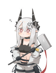 Rule 34 | 1girl, arknights, bare shoulders, black gloves, blush, bright pupils, chibi, closed mouth, collar, collarbone, cowboy shot, earrings, gloves, grey hair, hair between eyes, hammer, highres, holding, holding hammer, holding weapon, horns, infection monitor (arknights), jewelry, long hair, long sleeves, mudrock (arknights), navel, open clothes, photoshop (medium), pointy ears, red eyes, simple background, solo, sports bra, strap slip, weapon, white background, yuukun mk-ii