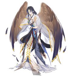 Rule 34 | 1boy, black hair, blood, blood from mouth, blood on hands, blue hair, blue sash, braid, brown wings, chinese clothes, colored tips, cuts, facial mark, feathered wings, feathers, forehead mark, full body, grey robe, hair ornament, hair over shoulder, hand on own arm, hanfu, injury, layered sleeves, long hair, long sleeves, looking at viewer, male focus, multicolored hair, parted bangs, parted lips, robe, rope belt, ruru (lulubuu), sash, see-through, see-through shawl, shawl, side braid, simple background, slouching, solo, standing, swallow bun (the tale of food), tassel, tassel hair ornament, the tale of food, torn clothes, white background, wide sleeves, wings, yaopei, yellow eyes