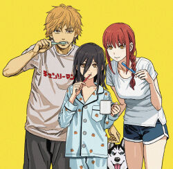 Rule 34 | 1boy, 2girls, alternate costume, black footwear, black hair, blonde hair, blush, braid, braided ponytail, breasts, brushing teeth, chainsaw man, collarbone, commentary, cup, denji (chainsaw man), dog, dolphin shorts, english commentary, hair between eyes, highres, holding, holding cup, holding toothbrush, long bangs, looking at viewer, makima (chainsaw man), medium breasts, mole, mole under eye, multiple girls, nayuta (chainsaw man), orange hair, pajamas, print pajamas, ringed eyes, shiren (ourboy83), shirt, shorts, simple background, toothbrush, white shirt, yellow background, yellow eyes
