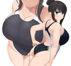 Rule 34 | 1girl, ass, black hair, black one-piece swimsuit, blue eyes, blush, breast focus, breasts, cleavage, close-up, competition swimsuit, hair bun, highres, huge breasts, iwami sayaka, looking at viewer, multiple views, omizu (h2o), one-piece swimsuit, original, sidelocks, simple background, single hair bun, standing, swimsuit, white background
