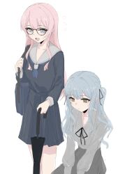 2girls absurdres bag bang_dream! bang_dream!_it&#039;s_mygo!!!!! black_ribbon blue_bag blue_hair blue_neckerchief blue_serafuku blue_shirt blue_skirt braid chihaya_anon closed_mouth commentary fang fish_dumplings glasses grey_eyes grey_skirt hair_ribbon highres holding holding_umbrella long_hair long_sleeves multiple_girls neck_ribbon neckerchief open_mouth pink_hair ribbon sailor_collar school_bag school_uniform serafuku shirt sidelocks skirt sweatdrop togawa_sakiko two_side_up umbrella white_sailor_collar white_shirt yellow_eyes