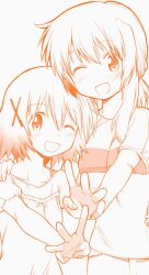 Rule 34 | 2girls, epsg3395, hair ornament, hand on another&#039;s shoulder, hidamari sketch, long hair, looking at viewer, miyako (hidamari sketch), multiple girls, one eye closed, open mouth, simple background, standing, white background, yuno (hidamari sketch)