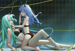 Rule 34 | 2girls, absurdres, argyle, argyle background, argyle clothes, arknights, arm support, ass, bare arms, bare legs, bare shoulders, barefoot, black bra, black nails, black panties, blue hair, blush, bra, breasts, ch&#039;en (arknights), chinese commentary, commentary request, dragon horns, dragon tail, feet out of frame, from side, green eyes, green hair, highres, horns, hoshiguma (arknights), huge filesize, kneeling, long hair, looking at another, medium breasts, multiple girls, nail polish, panties, piao miao, profile, reclining, red eyes, red nails, single horn, stomach, tail, thighs, toenail polish, toenails, underwear, underwear only, yuri