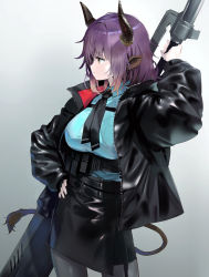 Rule 34 | 1girl, animal ears, arknights, belt, black jacket, blue shirt, breasts, collared shirt, cow ears, cow horns, cow tail, holding, holding sword, holding weapon, horns, jacket, large breasts, leather skirt, necktie, pantyhose, pouch, shirt, sideroca (arknights), simple background, skirt, solo, sword, tail, thigh pouch, utility belt, wasabi60, weapon, white background