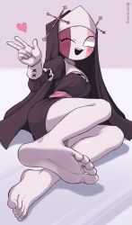 Rule 34 | 1girl, ;d, artist name, barefoot, coat, feet, female focus, friday night funkin&#039;, habit, highres, looking at viewer, nun, one eye closed, open mouth, oyatsu (mk2), sarvente (friday night funkin&#039;), sitting, smile, soles, solo, v, wink