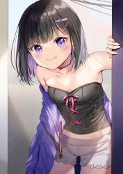 Rule 34 | 1girl, bare shoulders, black hair, blush, breasts, closed mouth, collarbone, commentary request, crop top, hair ornament, hairclip, hand up, highres, jacket, looking at viewer, midriff, multicolored hair, off shoulder, original, purple eyes, purple hair, purple jacket, short shorts, shorts, small breasts, smile, solo, standing, strapless, tube top, two-tone hair, white shorts, yoshida iyo