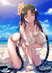 Rule 34 | 1girl, arched back, bare shoulders, beach, bikini, black hair, blue sky, bracelet, braid, breasts, chest tattoo, cleavage, closed eyes, commentary request, day, facial mark, fate/grand order, fate (series), flower, forehead mark, hair flower, hair ornament, highres, jewelry, kneeling, large breasts, long hair, matsuryuu, multicolored hair, nail polish, necklace, parted bangs, pearl bracelet, pearl necklace, pink hair, pink nails, sandals, sessyoin kiara, sessyoin kiara (swimsuit mooncancer), sessyoin kiara (swimsuit mooncancer) (first ascension), shell, shell necklace, sky, smile, solo, streaked hair, swimsuit, tattoo, thighs, twin braids, very long hair, white bikini