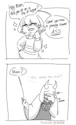 Rule 34 | 1girl, 2koma, androgynous, bad id, bad tumblr id, cellphone, comic, covering face, english text, flirting, frisk (undertale), furry, furry female, greyscale, hand on own hip, horns, laughing, monochrome, monster girl, phone, ruurune, simple background, sparkle, toriel, undertale