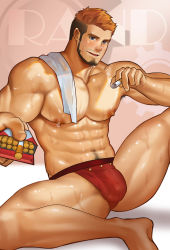 Rule 34 | 1boy, abs, bara, blue eyes, briefs, brown hair, character name, cigarette, cigarette pack, facial hair, gyee, highres, holding, holding cigarette, large pectorals, looking at viewer, male focus, male underwear, miesicomic, muscular, muscular male, navel, nipples, pectorals, rand, red male underwear, short hair, smile, solo, sweat, sweatdrop, thighs, towel, towel on one shoulder, undercut, underwear