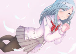 Rule 34 | 1girl, bad id, bad pixiv id, black pantyhose, blue eyes, blue hair, cardigan, closed mouth, commentary request, feathers, gatchapowa, grey serafuku, grey shirt, grey skirt, highres, hinomori shizuku, interlocked fingers, long hair, long sleeves, looking at viewer, mole, mole under mouth, neckerchief, open cardigan, open clothes, own hands clasped, own hands together, pantyhose, parted bangs, pink background, pleated skirt, project sekai, puffy long sleeves, puffy sleeves, red neckerchief, sailor collar, school uniform, serafuku, shirt, simple background, skirt, smile, solo, white cardigan, white feathers, white sailor collar