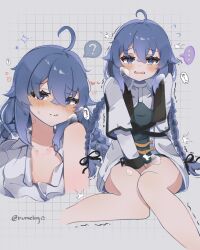 Rule 34 | ..., 1girl, ?, ahoge, black ribbon, blue eyes, blue hair, blush, braid, breasts, closed mouth, cropped legs, cropped torso, eyebrows hidden by hair, fang, female masturbation, full-face blush, grey shirt, grid background, hair between eyes, hair over eyes, hair ribbon, heart, heavy breathing, highres, hisuisai e5, jacket, knees together feet apart, looking at viewer, masturbation, motion lines, multiple views, mushoku tensei, no panties, open mouth, ribbon, roxy migurdia, shirt, signature, sitting, small breasts, speech bubble, spoken ellipsis, spoken question mark, sweatdrop, trembling, twin braids, wavy mouth, white jacket, white shirt