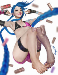 Rule 34 | 1girl, absurdly long hair, arm tattoo, armpits, arms up, artist name, asymmetrical gloves, asymmetrical legwear, bandaid, bandaid on knee, bandaid on leg, barefoot, bikini, bikini top only, blue hair, braid, chest tattoo, covered erect nipples, elbow gloves, eyelashes, closed eyes, finger in ear, fingerless gloves, fingernails, flat chest, floating hair, full body, gloves, grin, highres, jinx (league of legends), knees up, league of legends, lips, lipstick, long hair, makeup, motion blur, nail polish, paid reward available, plugging ears, realistic, paid reward available, shell casing, shikarii, shorts, shoulder tattoo, simple background, single elbow glove, single thighhigh, smile, solo, swimsuit, tattoo, thigh strap, thighhighs, toenail polish, toenails, toes, twin braids, very long hair, white background