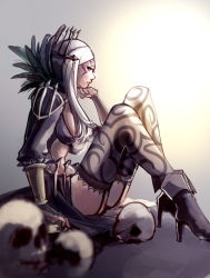 Rule 34 | 1girl, aversa (fire emblem), black footwear, black thighhighs, blurry, breasts, dark-skinned female, dark skin, depth of field, facial mark, feathers, female focus, fire emblem, fire emblem awakening, forehead mark, garter straps, gradient background, head rest, high heels, highres, large breasts, lips, long hair, nail polish, navel, nintendo, parted lips, profile, red eyes, shoes, sidelocks, sitting, skull, solo, sushes, thighhighs, tiara, white hair