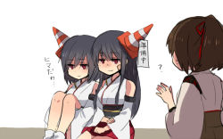 Rule 34 | 10s, 3girls, ?, annin musou, bad id, bad pixiv id, bandaid, bandaid on face, bare shoulders, black hair, closed mouth, detached sleeves, fusou (kancolle), ise (kancolle), kantai collection, long hair, long sleeves, multiple girls, nontraditional miko, red skirt, short hair, skirt, traffic cone, translation request, wide sleeves, yamashiro (kancolle)