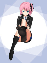 Rule 34 | 1girl, absurdres, black jacket, black legwear, black skirt, blue eyes, blue necktie, closed mouth, closers, collared shirt, full body, highres, invisible chair, jacket, long sleeves, looking at viewer, miniskirt, necktie, osunahanko, pink hair, seulbi lee, shirt, short hair, side ponytail, sitting, skirt, smile, solo, white shirt, wing collar
