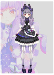 Rule 34 | 1girl, animal ears, black dress, black footwear, blush, closed mouth, commentary request, connectopia, dress, earrings, floppy ears, frilled dress, frills, gloves, grey background, grey hair, heart, heart earrings, highres, jewelry, long hair, looking at viewer, multiple views, official art, pantyhose, parted lips, pilokey, rabbit ears, red eyes, shoes, simple background, smile, striped clothes, striped pantyhose, two side up, uraniwa umeru, vertical-striped clothes, vertical-striped pantyhose, virtual youtuber, white gloves