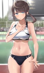 Rule 34 | 1girl, absurdres, blue eyes, blurry, blurry background, breasts, brown hair, hand on own chest, highres, kaku yone, long hair, looking at viewer, medium breasts, midriff, navel, original, outdoors, ponytail, solo, sports bra, stomach, sweat, thighs, track and field