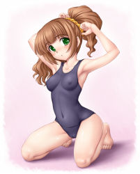 Rule 34 | 00s, 1girl, adjusting hair, amane (funfun), armpits, barefoot, breasts, brown hair, cameltoe, covered erect nipples, female focus, full body, gradient background, green eyes, hairdressing, idolmaster, idolmaster (classic), kneeling, one-piece swimsuit, school swimsuit, skin tight, small breasts, solo, swimsuit, takatsuki yayoi, twintails