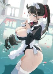 Rule 34 | 1girl, apron, ass, bare shoulders, black hair, black one-piece swimsuit, blue eyes, blunt bangs, blush, breasts, cleavage, closed mouth, demon girl, drill hair, highres, horns, large breasts, long hair, long sleeves, looking at viewer, maid, maid headdress, one-piece swimsuit, original, own hands together, petals, petals on liquid, plant, pointy ears, ponytail, pool, potted plant, sencha bashira, skindentation, smile, solo, standing, steepled fingers, swimsuit, swimsuit under clothes, thick thighs, thighhighs, thighs, wet