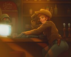Rule 34 | 1girl, artist request, bar (place), black gloves, cowboy hat, cup, denim, drinking glass, fallout (series), fallout new vegas, gloves, hat, highres, jacket, jeans, looking at viewer, looking back, ncr veteran ranger, nuka cola, pants, red hair, red lips, rose of sharon cassidy, smile