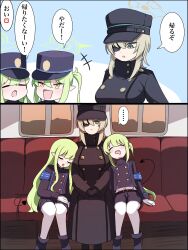 Rule 34 | 3girls, blonde hair, blue archive, commentary, demon tail, eyepatch, green hair, highres, hikari (blue archive), multiple girls, nozomi (blue archive), pointy ears, sanuki ach, shorts, siblings, sisters, sleeping, speech bubble, suou (blue archive), tail, train interior, translation request, twins