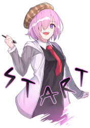 Rule 34 | 1girl, absurdres, arm at side, black dress, breasts, brown hat, commentary request, cropped torso, dress, english text, fate/grand order, fate (series), grey jacket, hair over one eye, hat, highres, holding, holding pen, jacket, large breasts, looking at viewer, m.tokotsu, mash kyrielight, necktie, open mouth, pen, pink hair, purple eyes, red necktie, short hair, smile, solo, teeth, upper body, upper teeth only, white background, white jacket