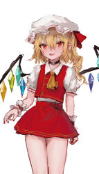 Rule 34 | 1girl, :d, ascot, bare legs, blush, choker, cowboy shot, crystal, drill hair, fang, flandre scarlet, flat chest, hair between eyes, hat, heart, heart choker, highres, leaning to the side, mob cap, nail polish, one side up, open mouth, pointy ears, red eyes, red nails, red skirt, red vest, reddizen, short hair, short hair with long locks, simple background, skin fang, skirt, skirt set, smile, solo, touhou, vest, white background, wings, wrist cuffs, yellow ascot