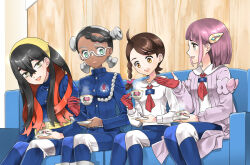 Rule 34 | 4girls, amarys (pokemon), black hair, blue jacket, blue pants, buttons, carmine (pokemon), collared shirt, commentary request, couch, creatures (company), crossed bangs, cup, eyelashes, game freak, glasses, gloves, hair between eyes, hair ornament, hairband, hairclip, holding, indoors, jacket, juliana (pokemon), lacey (pokemon), long hair, morisawa machi, multiple girls, nintendo, open mouth, pants, pokemon, pokemon sv, purple hair, red gloves, saucer, shirt, sidelocks, single glove, sitting, smile, steam, teacup, white shirt, yellow eyes, yellow hairband