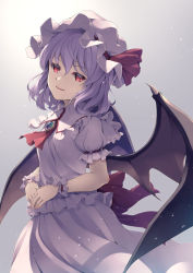 Rule 34 | 1girl, ascot, bat wings, bow, brooch, brown wings, commentary request, grey background, hair between eyes, hat, hat bow, highres, jewelry, long hair, looking at viewer, looking to the side, mob cap, parted lips, puffy short sleeves, puffy sleeves, purple hair, red ascot, red bow, red eyes, remilia scarlet, shirt, short sleeves, skirt, skirt set, smile, solo, touhou, white hat, white shirt, white skirt, wings, wrist cuffs, yoshino ryou