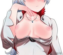 Rule 34 | artist name, averting eyes, blush, breasts, breasts out, flashing, hand under chin, jewelry, khartemis, necklace, open clothes, open shirt, rwby, smile, weiss schnee, white hair