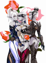 Rule 34 | 3girls, ass, grabbing another&#039;s breast, breasts, dark elf, elf, fingering, grabbing, large breasts, lineage, multiple girls, pointy ears, third-party source, yuri