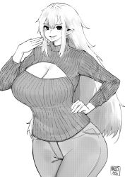 Rule 34 | 1girl, artist name, breasts, cleavage, commission, cowboy shot, curvy, facing viewer, greyscale, hand on own hip, highres, long hair, looking at viewer, meme attire, monochrome, norman maggot, open-chest sweater, original, pants, pointy ears, simple background, solo, standing, sweater, very long hair, white background