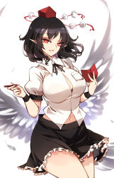 Rule 34 | 1girl, bird wings, black hair, black ribbon, black skirt, black wings, breasts, calligraphy brush, collared shirt, feathered wings, frilled skirt, frills, hat, highres, large breasts, notebook, paintbrush, pencil, pointy ears, pom pom (clothes), popped button, quill, raptor7, red eyes, red hat, ribbon, shameimaru aya, shirt, short sleeves, skirt, solo, thighs, tokin hat, touhou, white shirt, wings